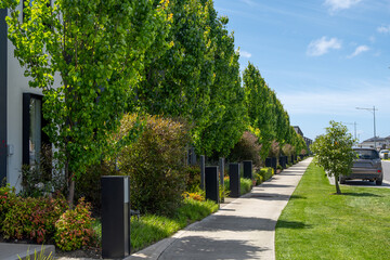 Modern Suburban Street Design: Tree-Lined Sidewalk with Contemporary Landscaping, outdoor car parking and Architecture. Australian Neighborhood Walkway in a residential suburb.