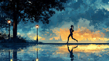 A lone runner jogs beside a reflective water surface at sunset, under illuminated streetlights, amidst trees.