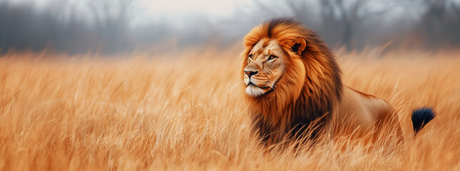 Majestic lion resting in golden grasslands at sunrise, highlighting the beauty of wildlife in its natural habitat