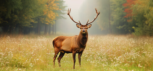 Majestic stag standing in a misty forest meadow with vibrant autumn foliage during early morning light