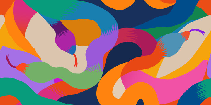 Exotic colourful abstract snakes pattern. Dynamic fashionable print. Vector template for design. 