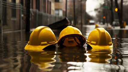 Yellow Construction Helmets Floating in Flooded Street With Reflections, Concept of Workplace Safety Issues