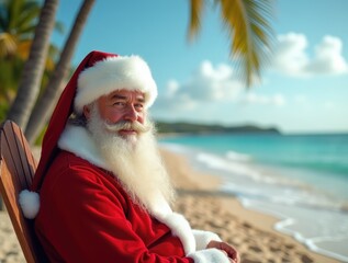 Obraz premium Tropical Christmas Retreat. A tropical Christmas scene with Santa Claus lounging. Holiday relaxation in a paradise setting concept.