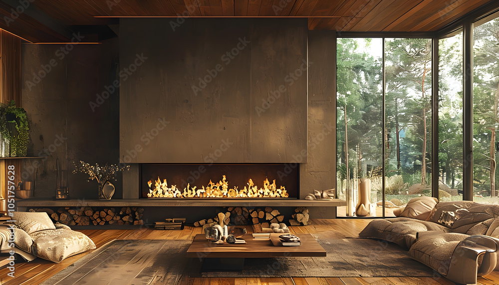 Wall mural modern living room design, warm room with fireplace, winter interior design