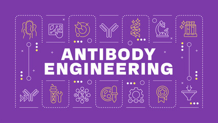 Obraz premium Antibody development purple word concept. Antibody discovery and production. Immunology. Horizontal vector image. Headline text surrounded by editable outline icons. Hubot Sans font used