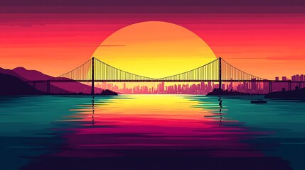 Obraz premium Flat illustration of the Golden Gate Bridge silhouette at sunset, with the sky transitioning from deep red at the top to bright orange near the horizon,