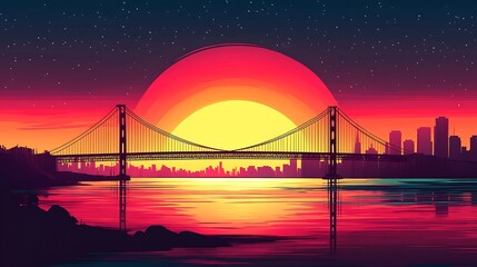 Obraz premium Flat illustration of the Golden Gate Bridge silhouette at sunset, with the sky transitioning from deep red at the top to bright orange near the horizon,