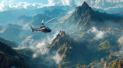 Fototapeta premium Aerial view of a helicopter flying over rugged mountains.