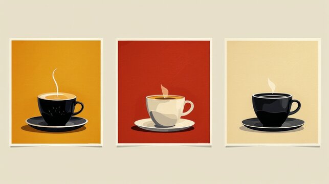The image is a set of three minimalist and stylized illustrations related to coffee