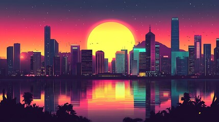 Fototapeta premium Flat illustration of the Hong Kong skyline silhouette, with a deep blue sky as the backdrop, featuring bright, bold colors like magenta, orange, and lime green for a dynamic and lively city scene.