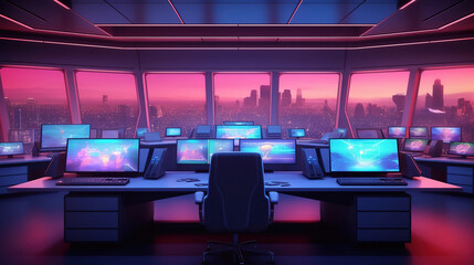 Fototapeta premium Gorgeous monitoring room with at security data center Empty office