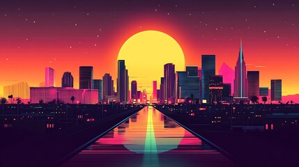 Flat illustration of the Las Vegas Strip silhouette at night, with bold neon colors representing casino lights in shades of pink, blue, and green, creating a lively and energetic atmosphere,