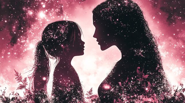 two silhouettes, mother and daughter  one of a little girl with long hair and the other of an adult woman with long hair with her back turned, 