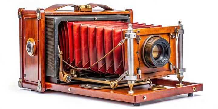 Vintage Large Format View Camera with Red Leather Bellows Open at Night, Showcasing Glass Negative Holder and Unique Details for Photography Enthusiasts