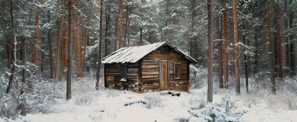 A solitary wooden cabin surrounded by tall trees in a tranquil winter forest during heavy snowfall