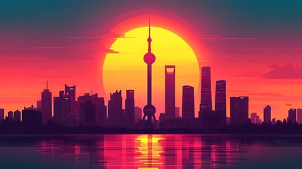 Fototapeta premium Flat illustration of the Oriental Pearl Tower silhouette at sunset, set against a vivid pink and blue gradient sky,