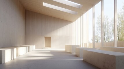 Minimalist empty interior space with polished concrete floors and floor-to-ceiling windows, flooding the room with natural light for a bright, open atmosphere