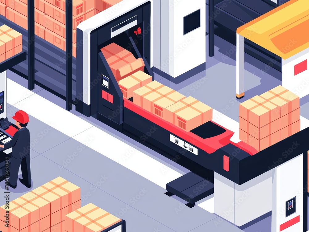 Poster modern fulfillment center with robotic machines sorting and moving parcels, demonstrating the effici