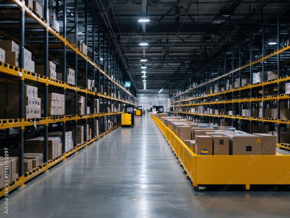 Poster modern fulfillment center with robotic machines sorting and moving parcels, demonstrating the effici