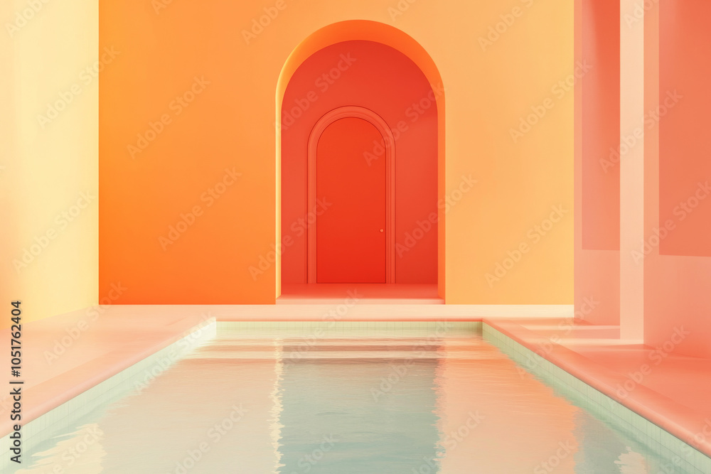 Poster empty orange swimming pool in minimalist interior design with arches. simple geometric composition i