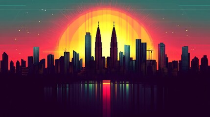 Obraz premium Flat illustration of the Sagrada Familia silhouetted against a mosaic-style background, featuring vibrant colors like blue, yellow, red, and green,