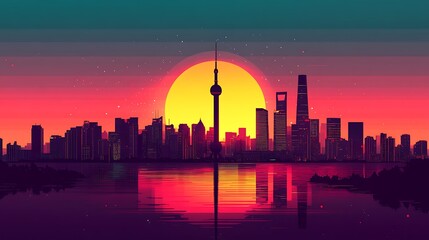 Fototapeta premium Flat illustration of the Shanghai skyline silhouette at sunset, featuring the Oriental Pearl Tower with a bold gradient sky that transitions from magenta to dark blue,