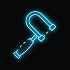 Bright blue neon icon of a hacksaw glowing on a black background