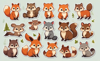 Obraz premium Cute wild animal clip art sticker set, ideal for a light background.