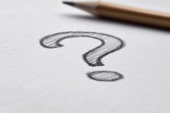 Pencil drawn question mark symbol icon close up on white paper with a pencil next to it.