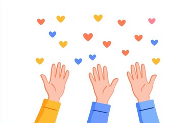 Raised hands with hearts of different sizes, celebrating community engagement and kindness, rendered in soft, flat colors for an inclusive visual appeal
