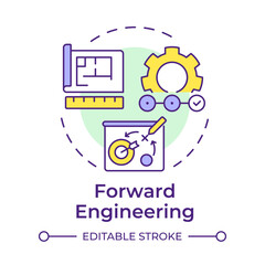 Forward engineering multi color concept icon. Systematic engineering process. Project workflow. Blueprint and gear. Round shape line illustration. Abstract idea. Graphic design. Easy to use in article