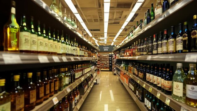 Modern elite alco liquor store of expensive fine wines close up. Interior of an alcohol salon for rich people. Camera move Bar, many bottles of red wine, cognac, whiskey, on the shop shelves closeup.