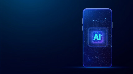 Digital AI Technology Concept. An abstract illustration of a smartphone with an AI symbol on the screen, representing artificial intelligence in mobile devices. Generative AI