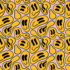 Various melting smileys. Lava lamp, water drops, drug trip style. Hand drawn abstract seamless pattern.