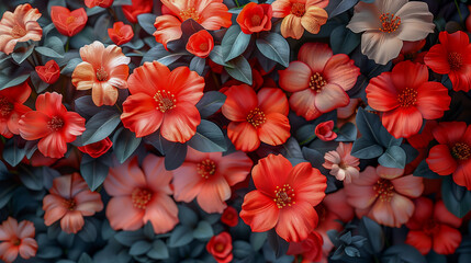 Fototapeta premium Vibrant Red and Pink Flowers with Dark Green Leaves in Full Bloom..