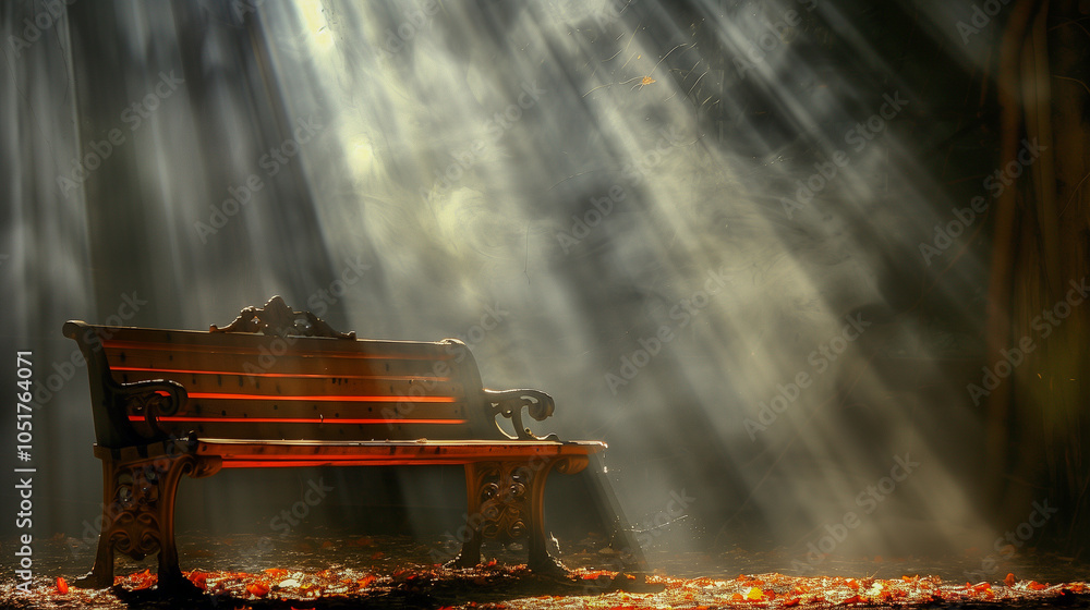 Poster sunlit park bench amidst mist with rays filtering through trees..