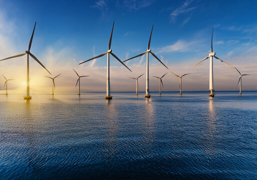 Windkraftanlage oder Windenergieanlage, Offshore-Windparks im Meer, Sonnenuntergang, Deutschland