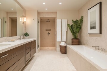 Fototapeta premium A bright and natural beige bathroom interior with white bathtub and plants