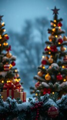 Naklejka premium Snowy Christmas trees with glowing lights and gifts in a winter landscape