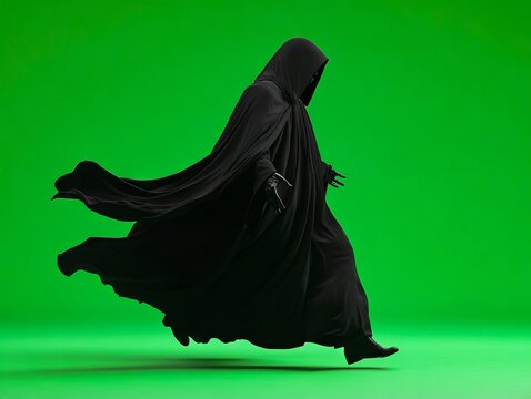 A person in a black cloak is running on a green screen - Powered by Adobe