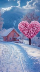 Obraz premium A pink heart shaped tree in the middle of a snowy field