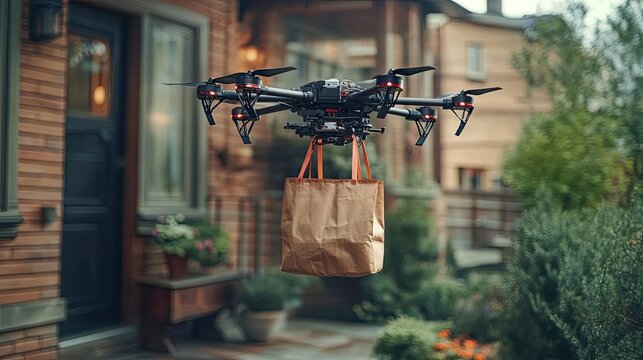A drone delivering groceries to a customer s home, dropping the bag directly on the doorstep - Powered by Adobe