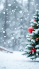 Snowy forest with a decorated Christmas tree and gentle falling snowflakes