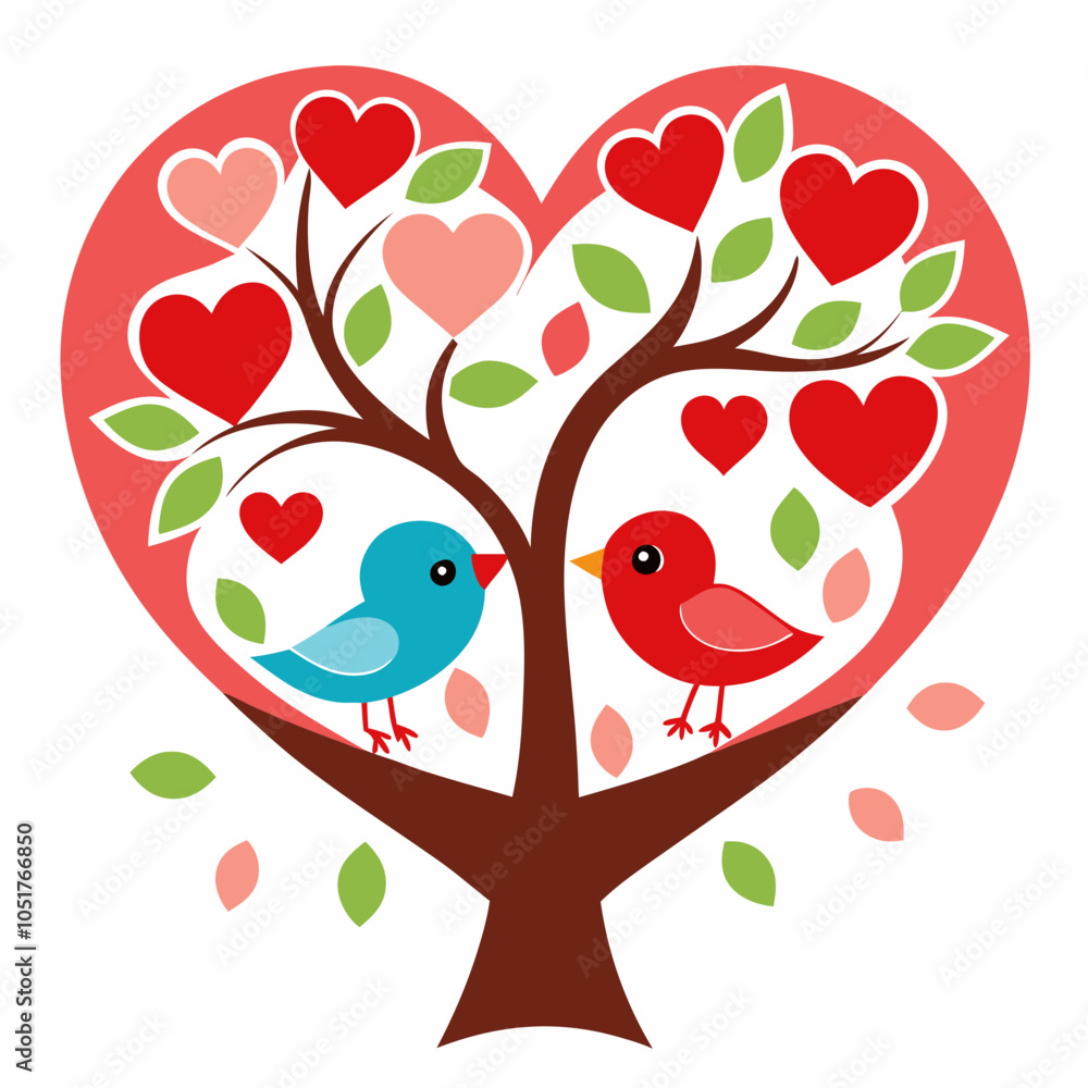 Wall mural valentine's day love birds kissing on heart tree vector illustration on white background