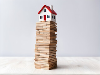 Modern house on wood tower block game white wall background copy space. Mortgage loan for buying home or real estate property, money risk management in financial, foreclosure and bankruptcy concept