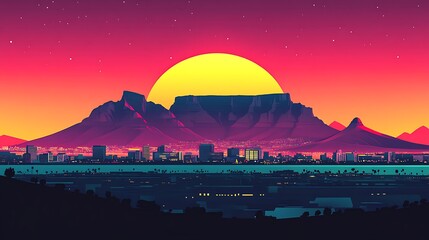 Obraz premium Flat silhouette illustration of Cape Town's Table Mountain at sunset, with a bright gradient sky blending from warm yellow to deep red, creating a stunning contrast with the dark silhouette,