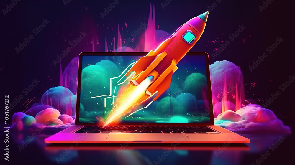 Aufkleber amazing computer screen with a rocket flying in the air and a rocket flying in the background
