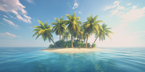 Obraz premium A tranquil tropical island with swaying palm trees surrounded by clear blue water under a sunny sky