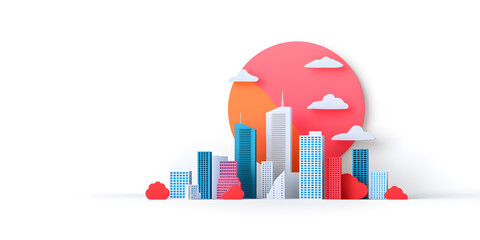 Fototapeta premium 3d big city cityline with with skyscrapers long panorama background layout.