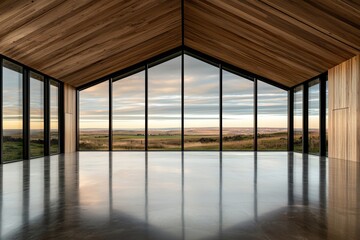 Fototapeta premium Vast, open room with expansive windows and reflective floors, showcasing a minimalist design aesthetic that emphasizes light and space